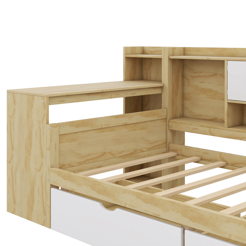 Lit de jour en L Timber avec sept compartiments de rangement et deux tiroirs, lit polyvalent avec table d'étude intégrée