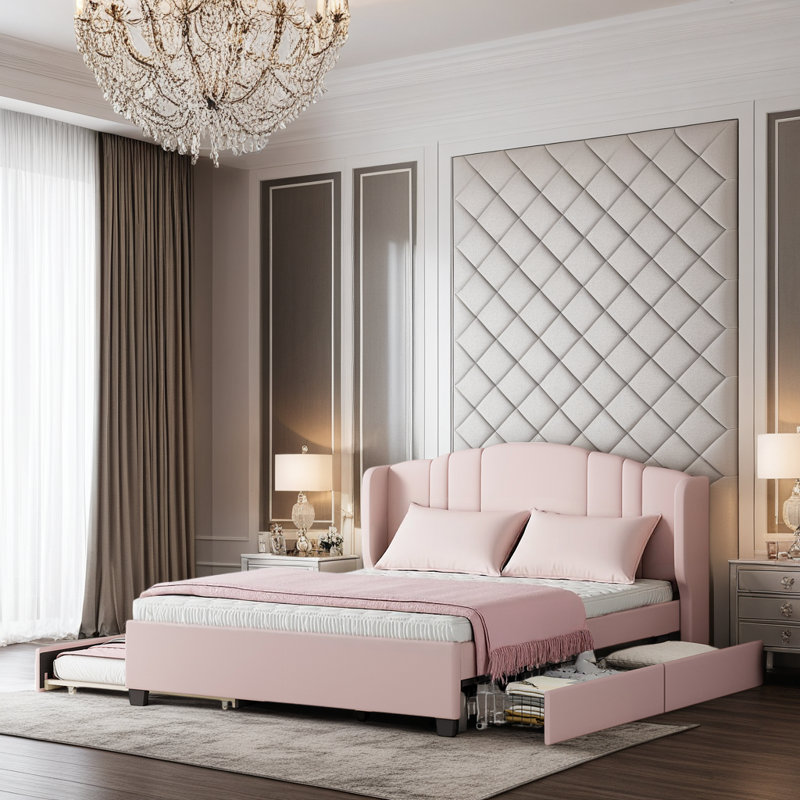 Lit à oreilles tapissier en lin avec lit gigogne simple et 2 tiroirs, Rose