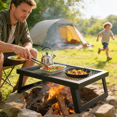 Gril de feu de camp pliant, grille de barbecue en acier au carbone, noir