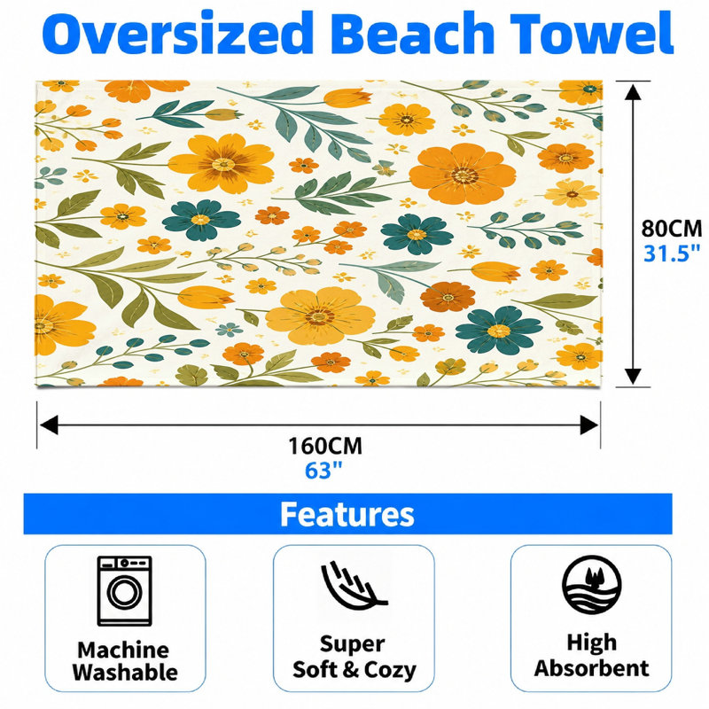 1 serviette de plage bohémienne à motif floral, avec des motifs de marguerites et de tulipes rétro dans une esthétique rétro. Grande microfibre à séchage rapide pour piscine, voyage, unisexe.