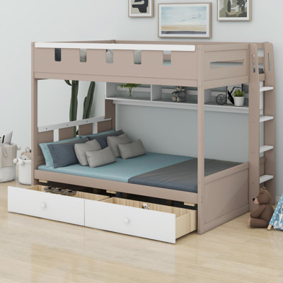 Lit superposé de style château pour enfants avec tablette intégrée, 2 tiroirs et éclairage DEL