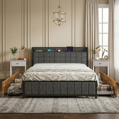 Linen Upholstered Storage Bed With 2 Nightstands Set, LED Lights & Charging Station, 4 Drawers, No Box Spring Needed