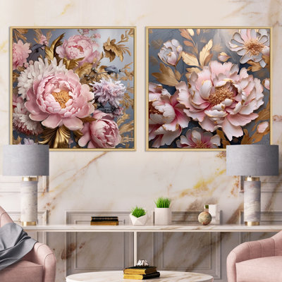 Pivoines roses rétro - feuilles dorées - ensemble de 2 collages carrés coquelicots