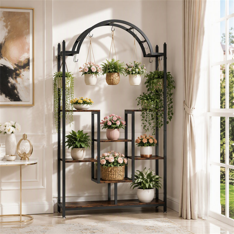 Support à plante arqué, support à fleurs 74,8 po avec crochets de suspension