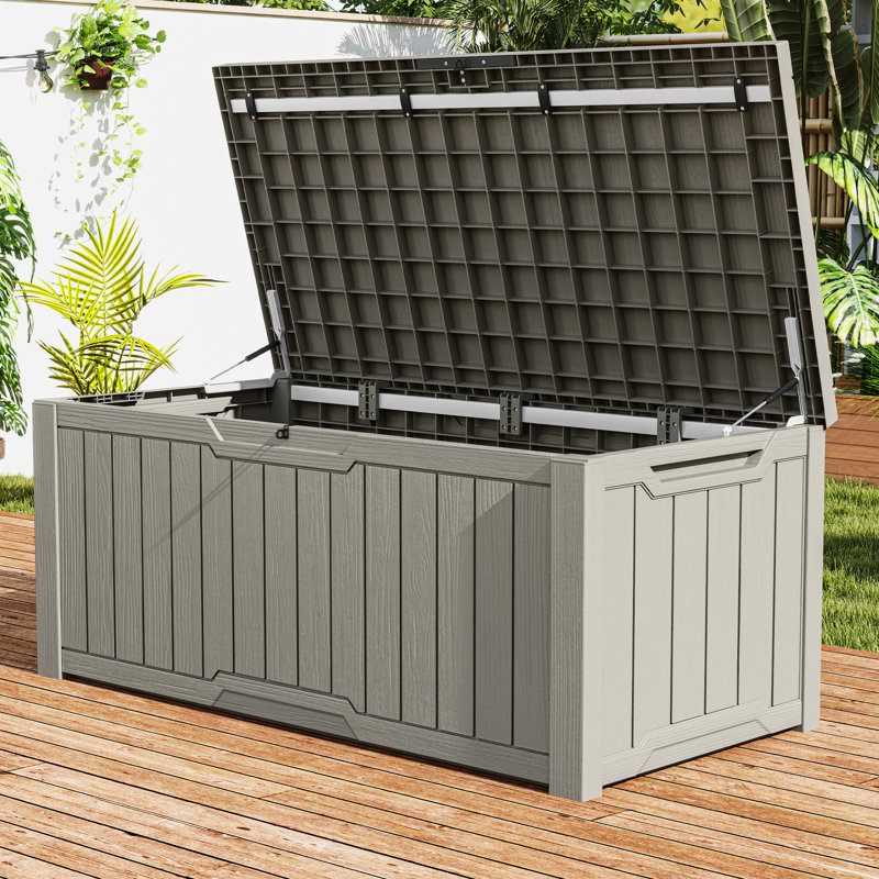 Quartey 120 Gallons Resin Deck Box with Soft Close Mechanism, Light Taupe