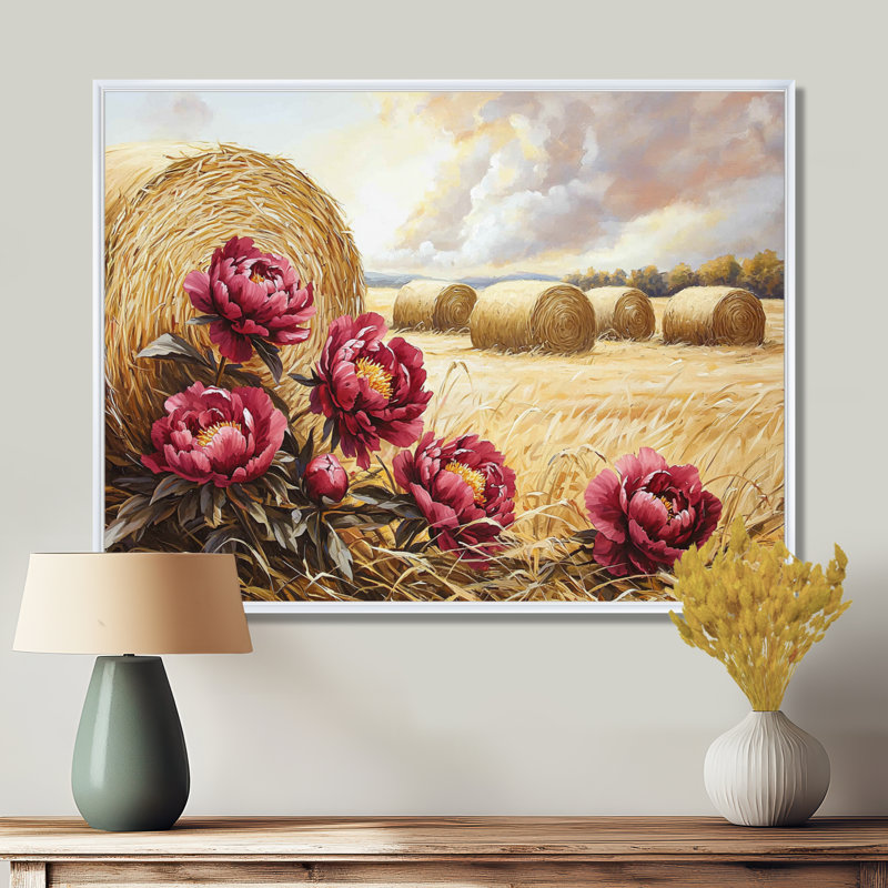 Art champêtre, pivoines près des balles de foin IV - pivoines, art mural, Impression encadrée flottante, H 24 po x l 32 po