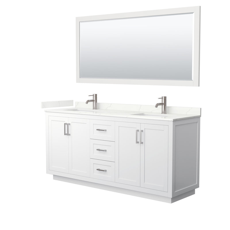 Ensemble de meuble-lavabo double autoportant 72 po avec plateau en quartz Miranda, Quartz Giotto, Blanc, Nickel brossé