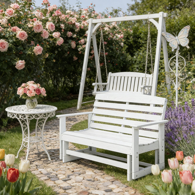 Double Rocking Chair,Attractive Glider Bench, White
