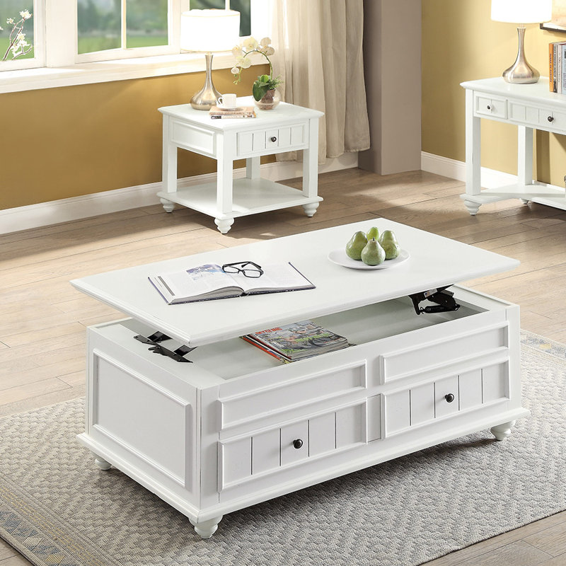 Table basse ACME Natesa avec plateau relevable, blanc délavé