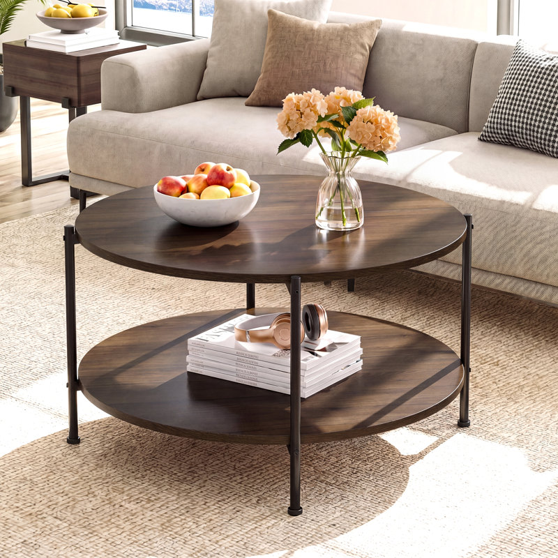Wynny Round Wood Coffee Table with Storage, Coffee Table for Living Room , Brown Walnut