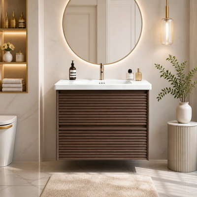 Meuble-lavabo mural flottant avec lavabo en céramique et tiroirs à fermeture en douceur pour les besoins de rangement modernes