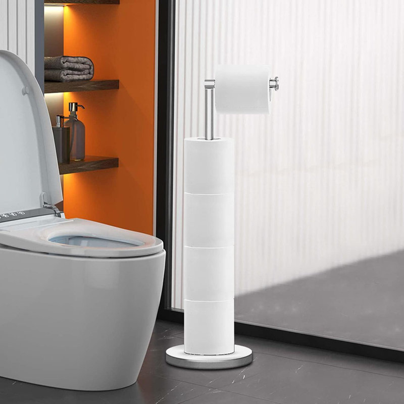 Porte-papier hygiénique sur pied en acier inoxydable avec rangement de réserve, pour 3 à 4 rouleaux, finition brossée