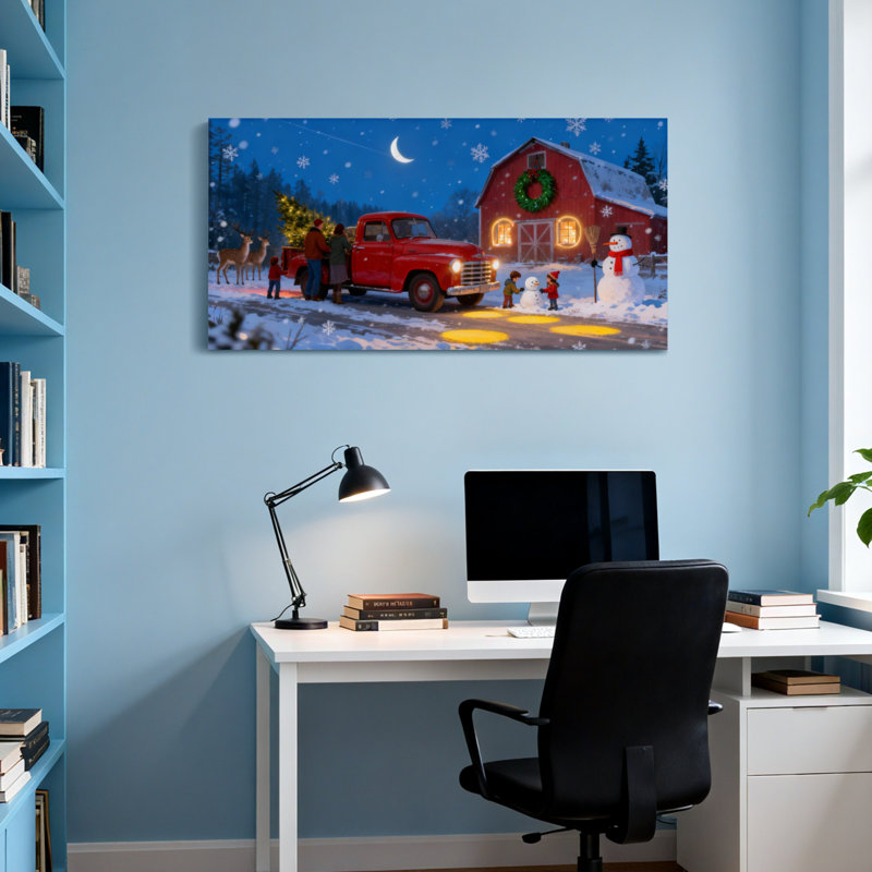 Scène hivernale de Noël camion grange bonhomme de neige renne au clair de lune, H 16 po x l 32 po