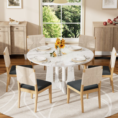 Table de salle à manger ronde 47,24 po en bois aggloméré avec chaises en lin tissé 4/6 po, Farmhousefor Kitchen