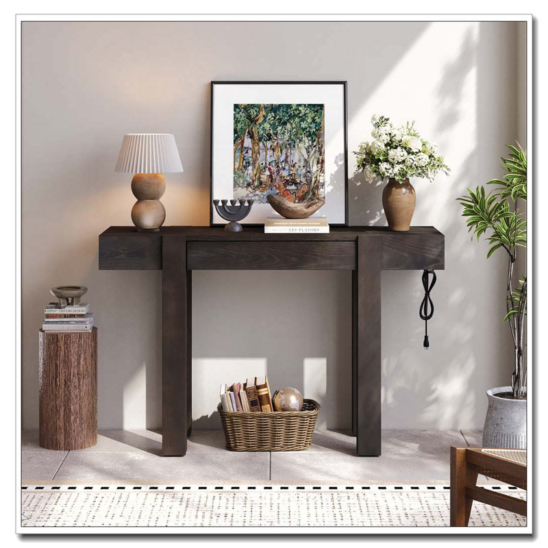 Console avec tiroir caché, prise de courant latérale, table d'entrée en bois pour les entrées, Espresso