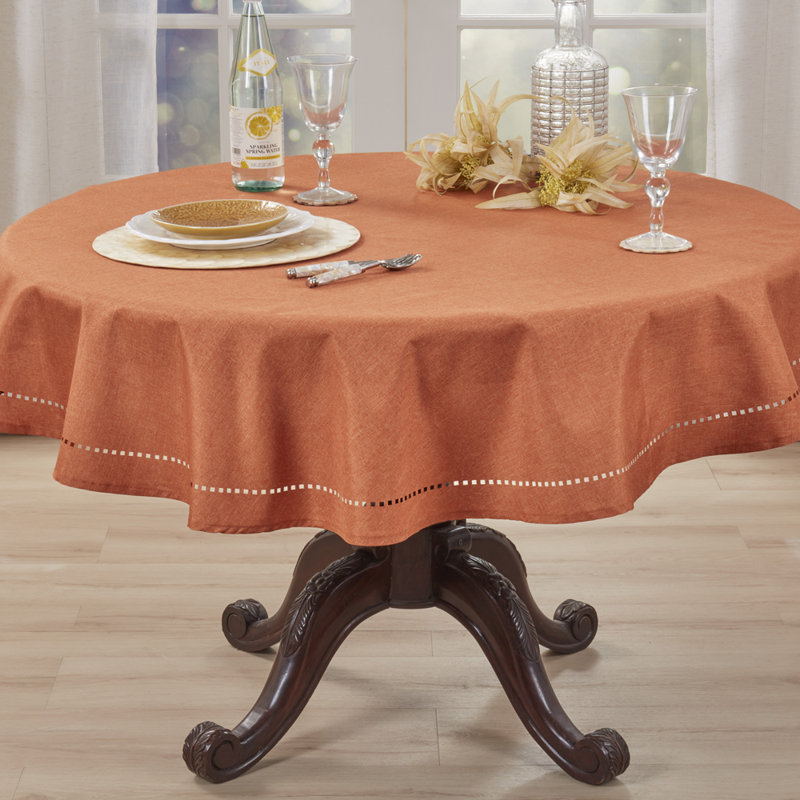 Laser-Cut Hemstitch Tablecloth 60" Round - Rust Soft Textured Elegant Table Cover, Rust