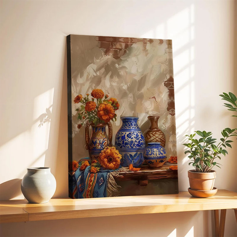 Tableau mural sur toile représentant un vase bleu Talavera mexicain, art mural représentant des œillets d'Inde, héritage hispanique, affiche de cuisine rustique en céramique bleue prête à accrocher