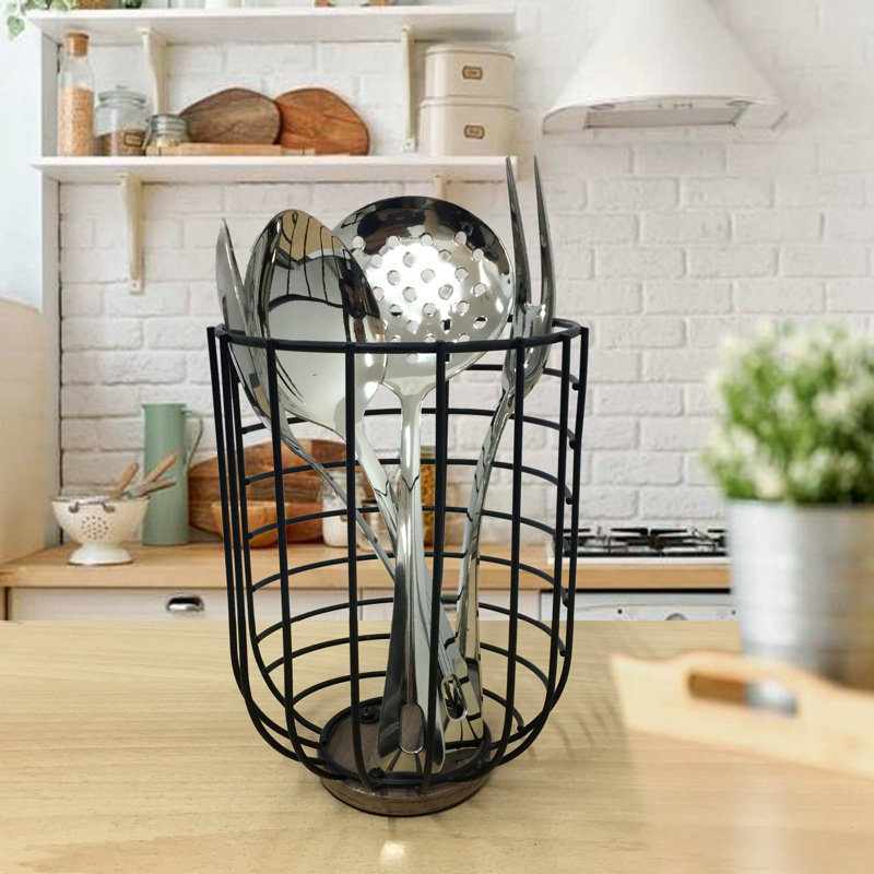 Porte-ustensiles en métal pour rangement d'ustensiles de cuisine et de table | Organisateur pour comptoir, garde-manger | Noir