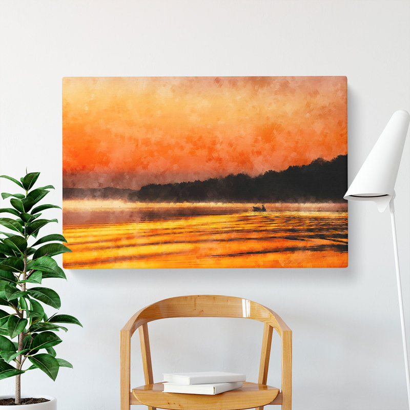 Boat Under An Orange Sunset - Wrapped Canvas Painting, 50cm H x 76cm W x 3cm D