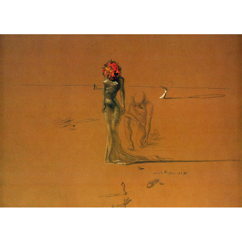 Femme avec tête de fleurs, H 17 po x l 24 po