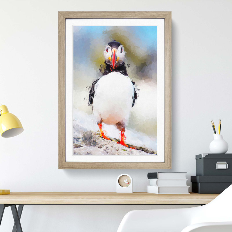 Lone Atlantic Puffin in Abstract - Framed Print, Oak, 76cm H x 50cm W x 2cm D