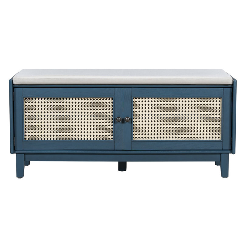 Boho Rattan Entryway Bench With Storage, Antique Navy