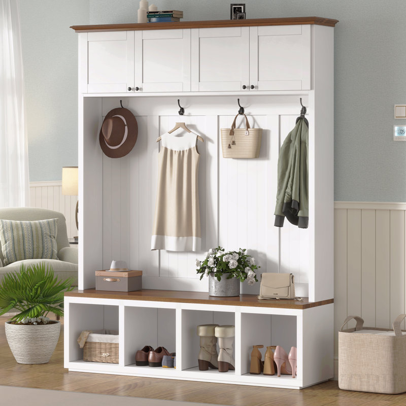 Arbre d'entrée 59 po avec banc et rangement, arbre d'entrée 4 en 1 grain de bois avec armoires, portemanteaux et crochets pour le couloir, l'entrée, le salon et le vestibule