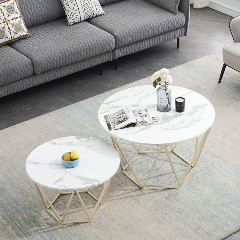 Nesting Round Coffee Table Set with Faux Marble Top and Metal Frame