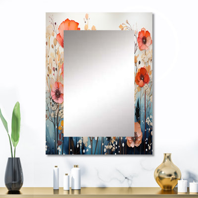 Coral Whimsical Botanical Wilds I - Botanicals Large Wall Mirror, Modern Decorative Mirror, Printed Metal Art