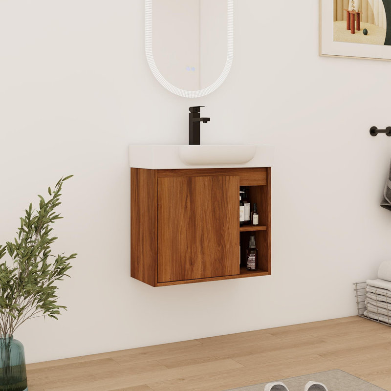 24'' Single Bathroom Vanity With Ceramic Top, Walnut, 24"