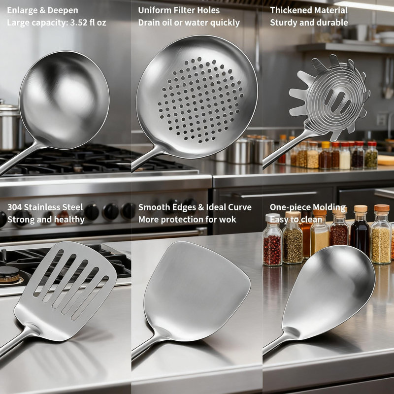 Professional 10-Piece Stainless Steel Kitchen Utensil Set With Wood Handle For Cooking, Serving And Grilling
