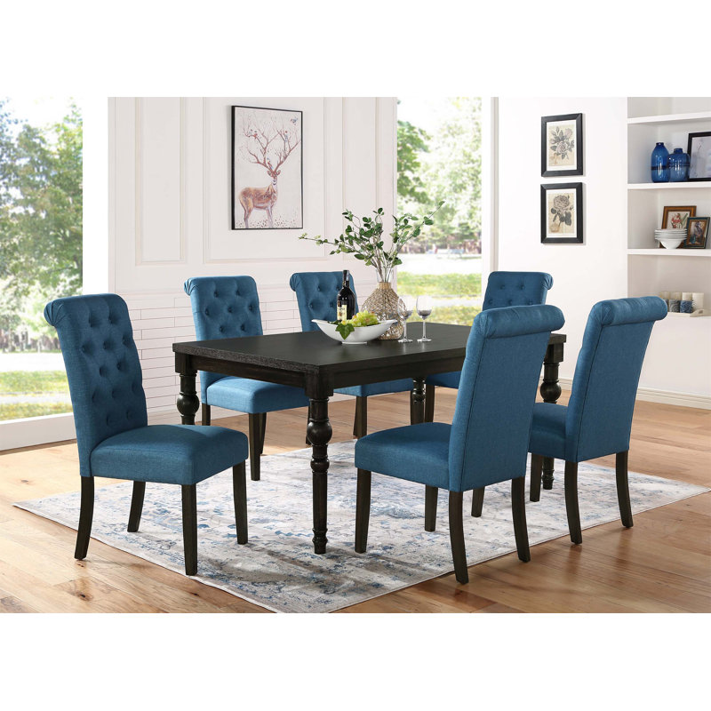 Leviton Urban Style Wood Turned-Leg Dining Set, Blue, 7 Pieces: Table, 6 Chairs