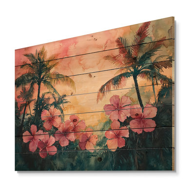 Hibiscus Flowers In Tropical Harmony II - Hibiscus Wood Wall Decor - On Natural Pine Wood