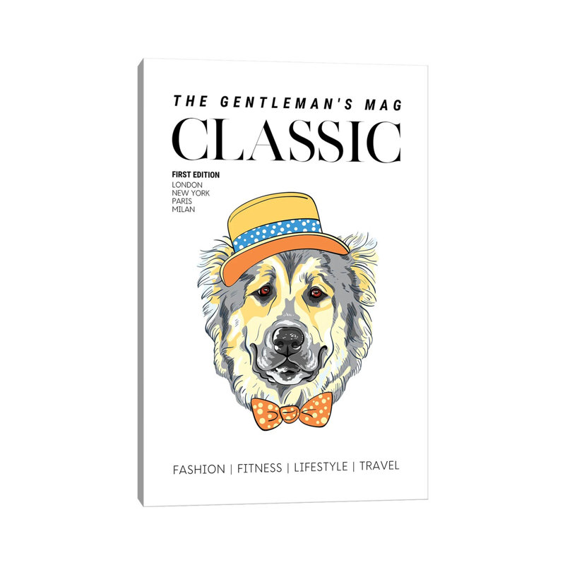 The Classic Gentleman'S Magazine Cover With Dressed Up Dog In Hat And Bowtie by Design Harvest - Wrapped Canvas Print