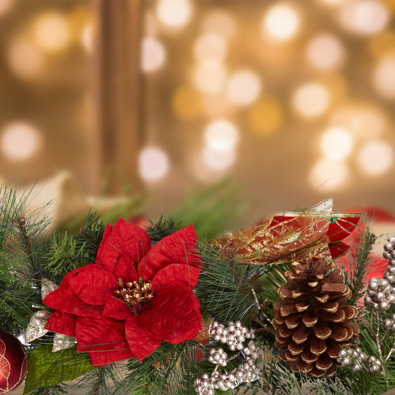 Guirlande de pin avec 40 lumières claires Poinsettia