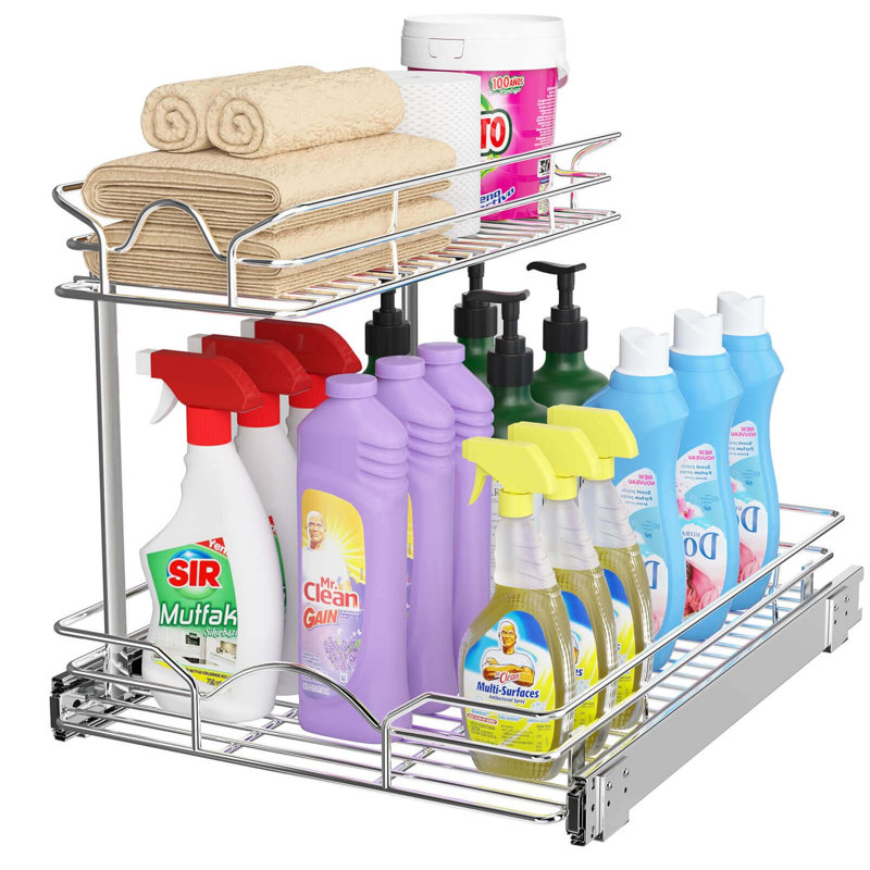 Organisateur coulissant sous évier, tablette coulissante pour armoire de cuisine, 2 niveaux (chrome)