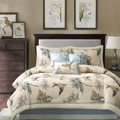 Édredon 7 pièces - grand, sergé de coton, imprimé feuilles et oiseaux, 2 taies décoratives, 3 coussins décoratifs, 1 grande literie facile à laver et design, machine