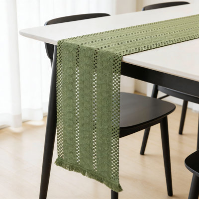 Table Runner With Macrame Fringe, Linen Blend Fabric For Farmhouse Rustic Dining Table Decor, Kitchen Centerpiece, And Home Accents