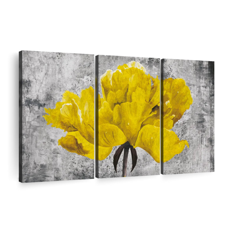 Ensemble de 3 pièces de pétales de pivoines jaunes sur toile, H 42 po x l 65 po x P 1,25 po