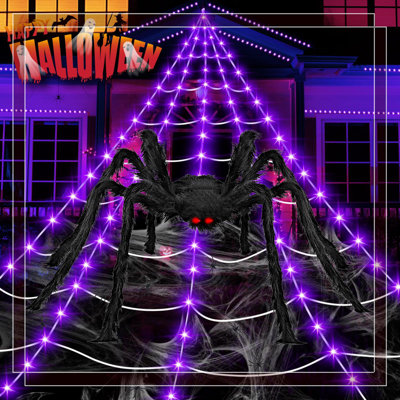 Halloween Lighted Spider Web Decoration - 17.4X16.1Ft Plush Web + 6.6Ft Giant Spider, 200 LED 8 Modes, IP65 Waterproof For Yard Garden Haunted House
