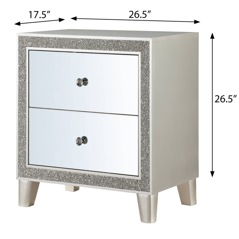 Table de chevet champagne pour chambre à coucher - 2 tiroirs, miroir, 2 esthétiques doublées de feutre
