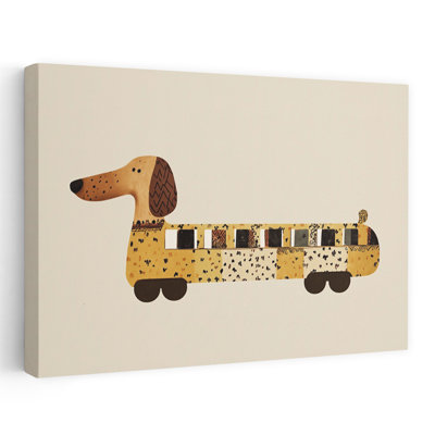 Whimsical Dachshund Bus Playful Whimsical Contemporary Dog Wall Art Print by Mathieu - Wrapped Canvas Print