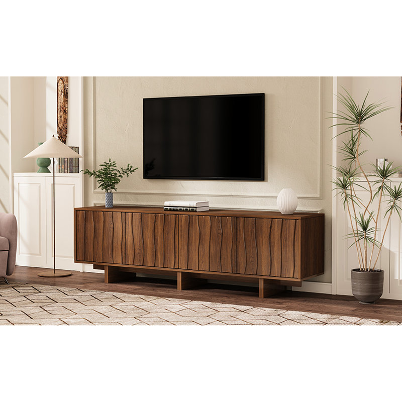 Meuble télé de style rétro en noyer, capacité de 75 pouces, deux armoires pour livres et appareils électroniques, trous pour le passage des câbles, base piédestal géométrique, compartiments de rangement spacieux, base, ouverture à pousser