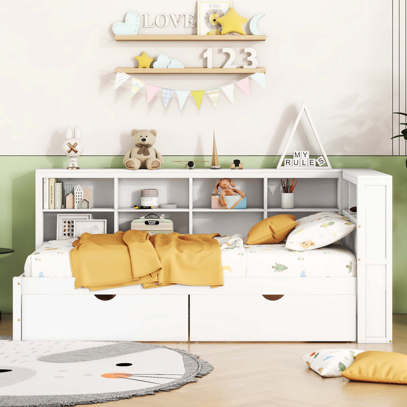 White Wooden Twin Size Daybed With 2 Drawers, Storage Shelf & USB Charging Ports, Twin, White