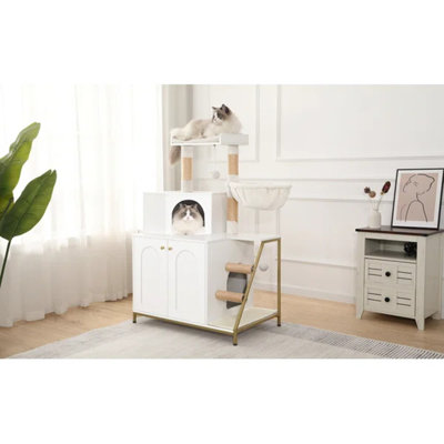 Enceinte de litière pour chat avec arbre à chat, maison de chat moderne 4-en-1 avec grande plateforme