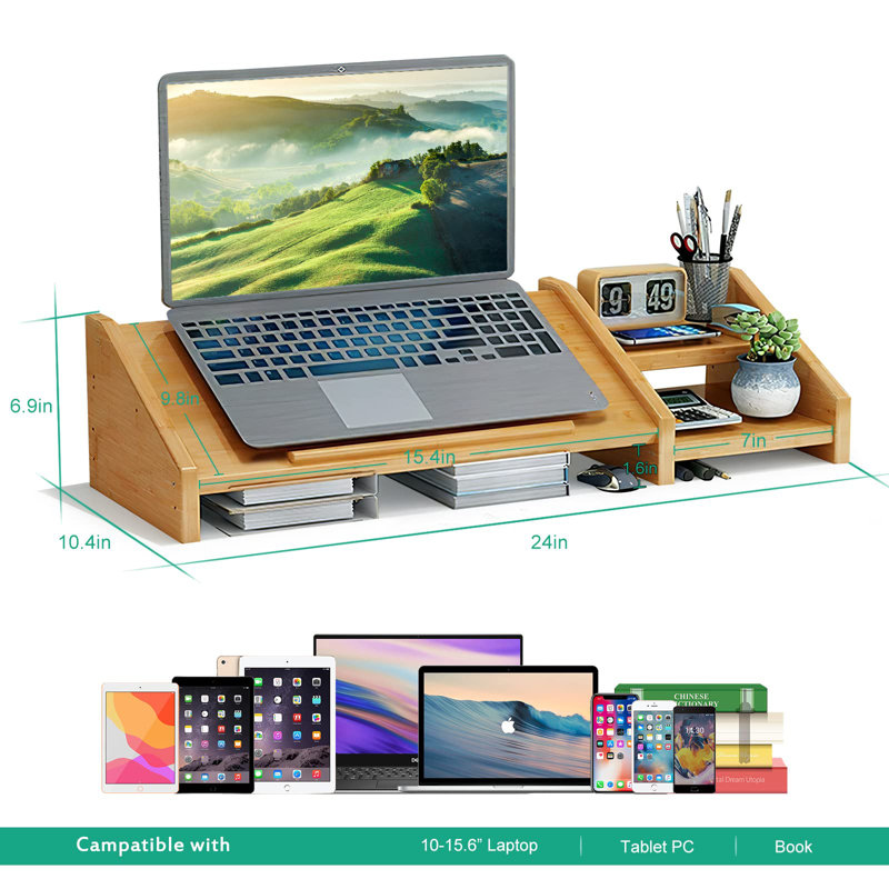 Adjustable Bamboo Laptop and Monitor Stand with Storage Shelves