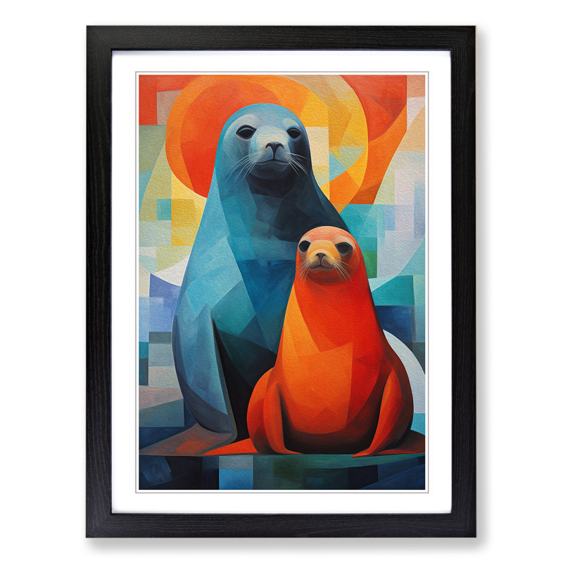 Seal Cubism - Single Picture Frame Print on Wood, Black, 34cm H x 25cm W x 2cm D