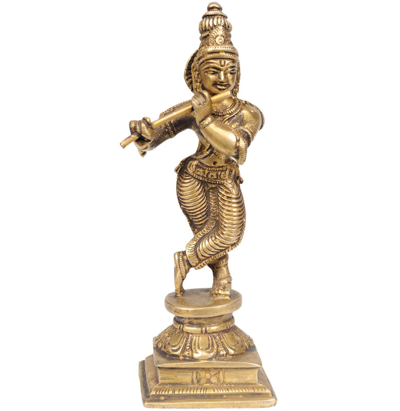 Sculpture en laiton Krishna cannelée à la main de 6 po - Petite idole spirituelle indienne pour autel, temple et décoration