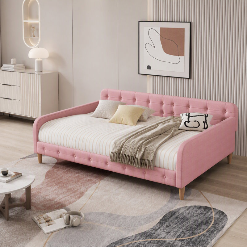 Lit de jour double rembourré avec 4 pieds de soutien, Rubine, Full, Rose
