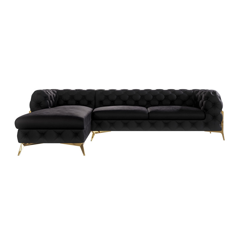 Chesterfield Corner Chaise Sofa  with Gold Metal Legs, Black, Left Hand Facing